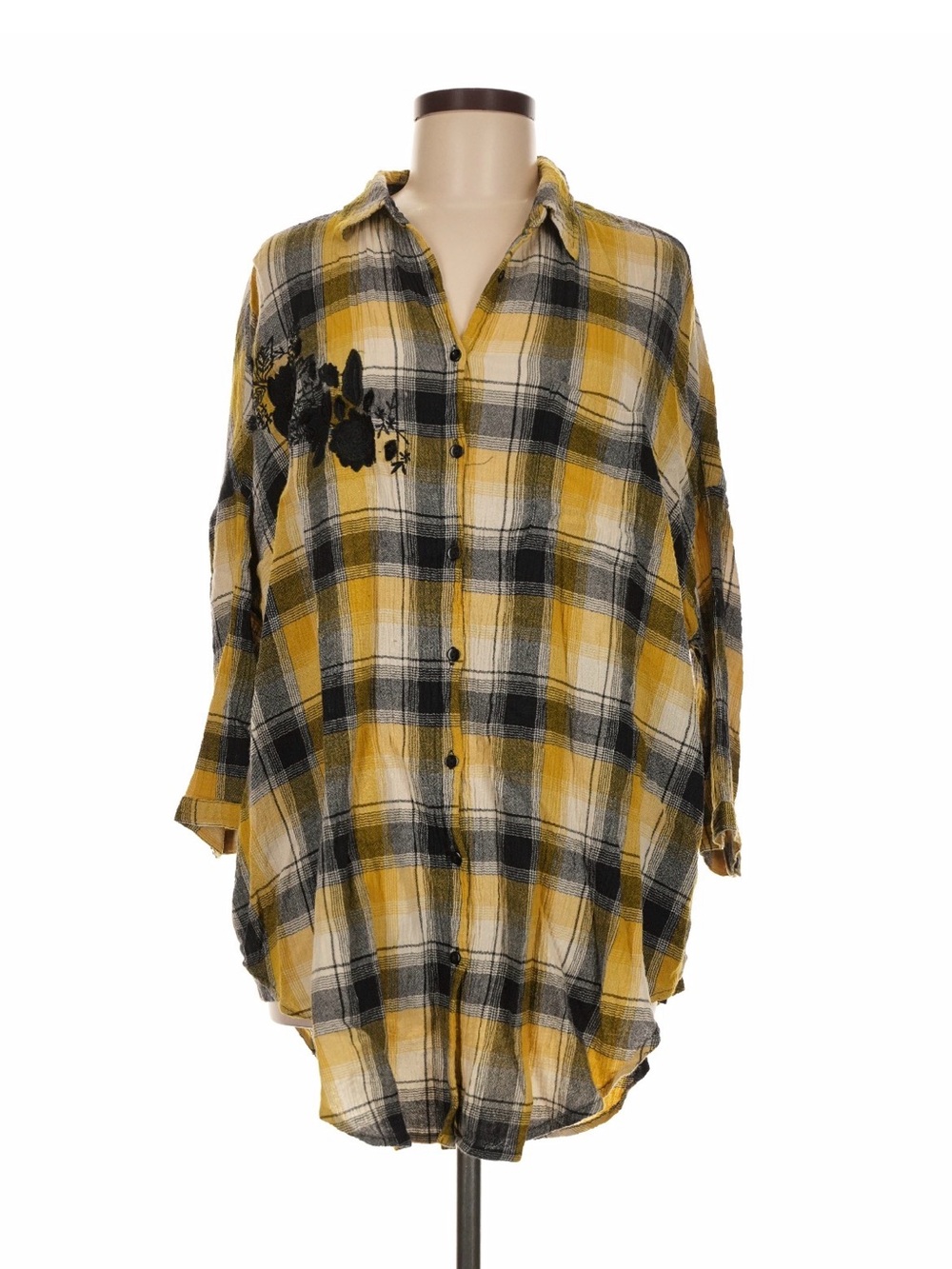 Anthropologie Yellow Plaid Oversized Flannel Top with Embroidered Detail